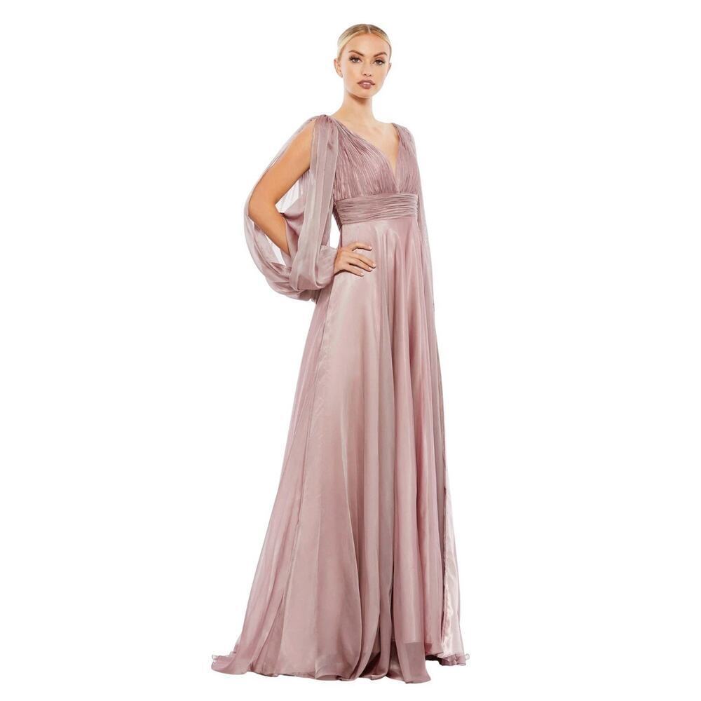 Mac Duggal 67414 Mocha Chiffon Gown Cutaway Sleeve Beaded Cuff Size 6 $598